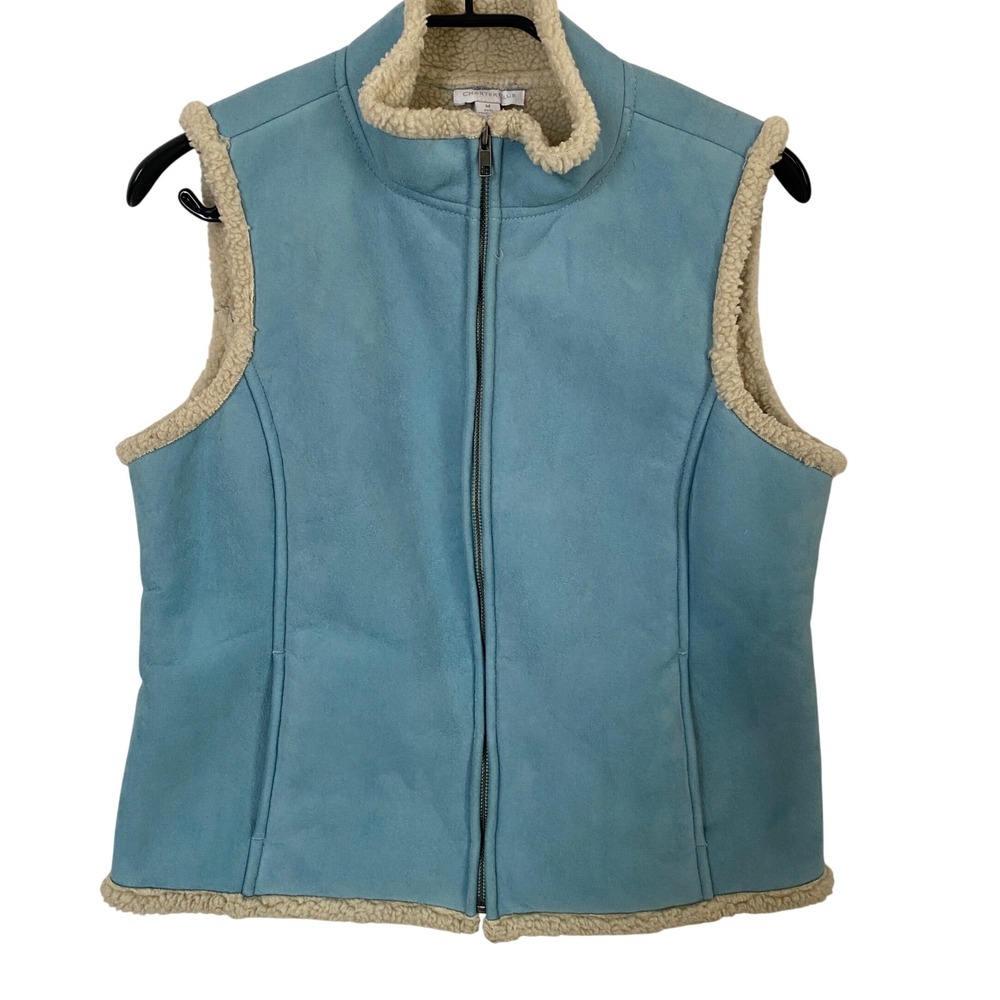 Charter Club Womens Faux Suede Sherpa Lined Vest Light Blue Full Zip Size Medium
